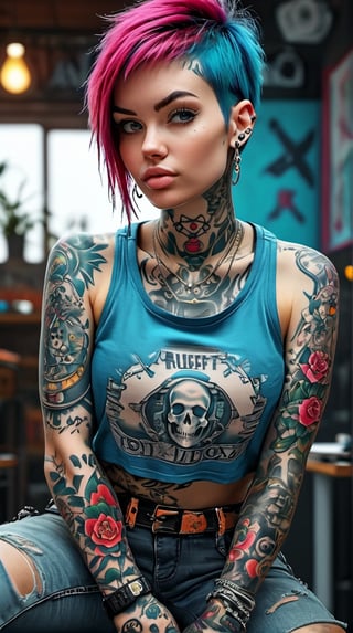 Cute punk rock girl with tattoos, ultra hd, realistic, vivid colors, highly detailed, UHD drawing, pen and ink, perfect composition, beautiful detailed intricate insanely detailed octane render trending on artstation, 8k artistic photography, photorealistic concept art, soft natural volumetric cinematic perfect light