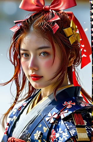 1girl,cute Face,dressed in samurai-style armor, She wears traditional Japanese armor reminiscent of a samurai,Blue coat, yellow hakama ,The design blends elegance with strength, portraying her as a warrior princess,(Large red head ribbon), Adorning her head is with a faintly red ribbon tied, shining brightly,warrior,samurai
,score_9
