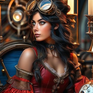 (((masterpiece, 8k, ultra-detailed, best quality, best quality, photo realistic))), ((illustration, steampunk)), (looking away), 1girl, black hair, medium hair, bun hair, red eyes, red dress, goggles on head, workshop, inventions everywhere, candle lit, time machine
