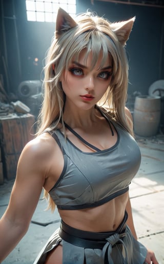 A 1990s anime screencap of a sexy female warrior posing in a karate stance. Half smile. Post-apocalyptic theme. Highly detailed. Cluttered maximalism. Close-up shot. Super wide angle, High angle. Kemonomimi. Soft lighting wraps around her face. Porcelain complexion.
