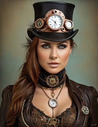(((A stunning sexy woman in steampunk))) A fierce and captivating steampunk warrior stands ready for adventure.
Her striking eyes are framed by smoky eye makeup, adding to her intense and determined look. She wears a dark headscarf adorned with intricate gears and chains, showcasing the fusion of fashion and machinery. Multiple layers of necklaces with metallic and clockwork pendants drape elegantly around her neck, adding depth to her ensemble. The mix of bronze and silver elements highlights the contrast between strength and elegance in this steampunk portrait.