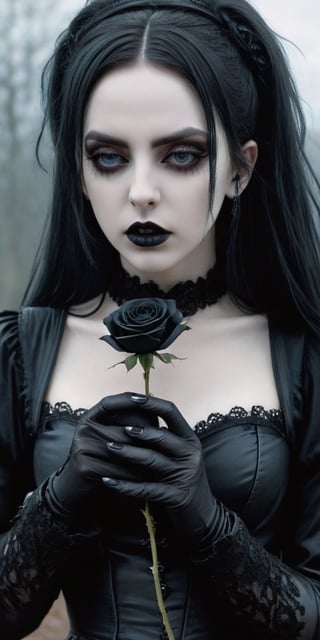 Highy detailed image, cinematic shot, (bright and intense:1.2), wide shot, perfect centralization, side view, dynamic pose, crisp, defined, HQ, detailed, HD, dynamic light & pose, motion, moody, intricate, 1girl, (((goth))) holding a black rose, attractive, clear facial expression, perfect hands, emotional, hyperrealistic inspired by necronomicon art, my baby just cares for me, fantasy horror art, photorealistic dark concept art
,goth person