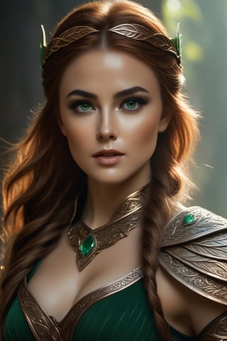8K, Wood Elf Ranger, (woman's:1.5), Graceful and flexible (athletic build:1.5), emerald eyes (Vibrants:1.5), brown-hair (flowing:1.5), Copper silk, Leaf-shaped ornaments, UHD, HDR, Cinematic image, intricate details, Ultra-realism, Dystopian Palace, Luxurious atmosphere, Ultra-detailed, stunning image, IMAX, Cinematic, award-winning photo, Intricate, Low aperture (f1.2), dramatic lighting, cinematic composition, Professional, erotica
,Movie Still