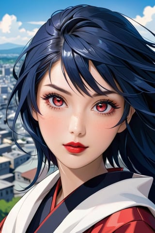 a close up of a person with long hair, hyuga hinata, hyuga hinata from naruto shippuden, from naruto shippuden, as an anime character, perfect anime face, she has dark blue hair with bangs, female anime character, anime character, anime best girl, hime cut hairstyle, dark blue hair, (red glossy lips:1.3), white eyes, byakugan eyes, smile, city background, (beautiful face:1.3)