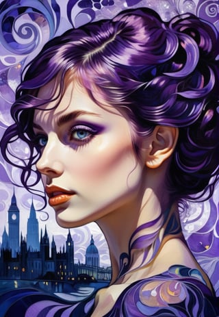 Art nouveau swirls. Silhouette of a young woman, double exposure with a cityscape . Van Gogh's style, purple. London. Iridescent. whimsical intricate patterns with high contrast, surreal digital painting, midnight blue. Purple. Mysterious. Open eyes.