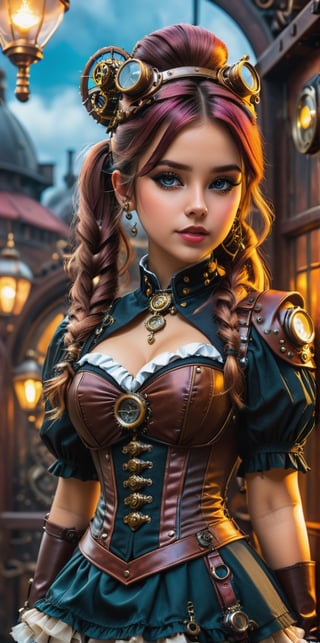 (steampunk theme) , Victorian era, centered, official artwork, a cute girl, ponytail hair, steampunk dress, steampunk accessory, free pose, (epic composition, epic proportion) , vibrant color , masterpiece, 32k, dslr, uhd, professional photography, best quality, cinematic angle, realistic lighting