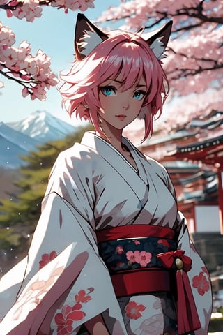 (masterpiece), best quality, expressive eyes, perfect face, girl, fox ears, (fluffy) nine fox tails, light pink hair, torquise eyes, white and red kimono, sakura tree in background, lightly snowing, beutiful sunlight, japanese shrine.





niji6