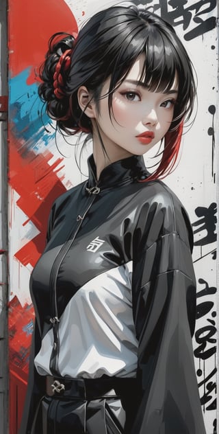 aesthetic, 2 tone, black and white, simplified shapes, figurative, style mix of acrylic painting, watercolor, oil painting, photography, digital art, brush strokes, dark red color pop, a gorgeous young asian girl, highly detailed , ultra detailed, very intricate, low poly, abstract surreal, Kanji , Katakana , niji style, graffiti style, comics style,