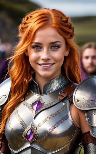 A beautiful girl with orange hair purple eyes a little tan and is from game of throne wearing a dornish armor from dorne with raeghal thedragon behind while she smile they’re at kingslanding she have a sword in her hands



