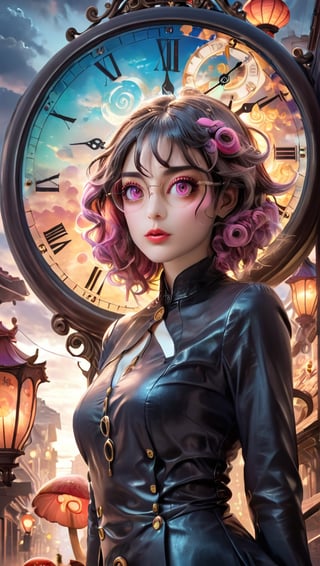 A surrealistic anime landscape unfolds: Salvador Dali's iconic melting clocks and distorted objects blend with vibrant anime colors and stylized characters. In a dreamlike setting, a (((bespectacled anime girl))) with a wispy mustache and curly hair peers out from behind a warped clock face, surrounded by swirling clouds of golden smoke. The cityscape in the background features buildings shaped like snails and mushrooms, while a giant, -pink cat watches over the scene, its eyes glowing like lanterns.
