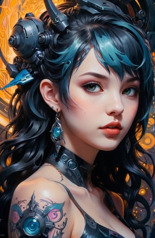 Airbrush Oil painting, anime style, dark myth, mysterious futuristic mecha girl, tattoo, Pastel colors, gouache, Art by Tim Burton, James Jean, Craola, RossDraws. closeup, off shoulders, rim lighting, fantasy complex background, dark theme, 2d fantasy poster, oil painting masterpiece, ember particles, vine
