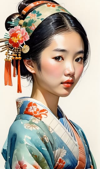 Asian boticarian, girl, twenties, edo period, deatilless on the headband, Watercolor, trending on artstation, sharp focus, studio photo, intricate details, highly detailed, by greg rutkowski