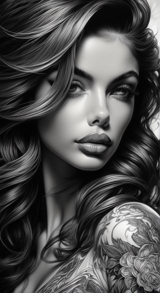 female, fantasy, beauty, in the style of noir comic art, realistic hyper-detailed portraits, tattoo, black and white grayscale, chicano art, realistic yet romantic, flowing lines