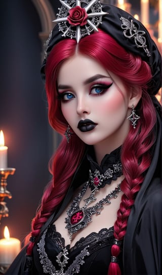 HighestQuali,tmasterpiece：1.2,Detailed details,1 Gothic girl,Black victorian dress,Gorgeous headdress,Bust,Rose flower,crosses,silver ornaments 、redheadwear、colorful hair with victorian updo hairstyle 、paleskin、Black lipstick and eye shadow,Accessories include the Cross Medal,Pentagram,crosses,cloaks,shawl,Sexy,chies,a lit candle, full body image, upper body detailed