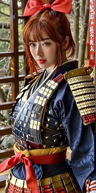 1girl,dressed in samurai-style armor, She wears traditional Japanese armor reminiscent of a samurai,Blue coat, yellow hakama ,The design blends elegance with strength, portraying her as a warrior princess,(Large red head ribbon), Adorning her head is with a faintly red ribbon tied, shining brightly, warrior samurai, score_9