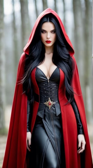 dark female evil lord with long black hair, black and red cloak