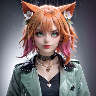 1girl, blue_eyes, solo, upper_body, animal_ears, choker, bangs, jewelry, heterochromia, collar, looking_at_viewer, flower, lips, heart, cat_ears, hair_ornament, blunt_bangs, hair_flower, red_eyes, shirt, long_sleeves, jacket, pink_lips,purple_hair, smile, ring, short_hair, white_hair, fingernails, chain, head_tilt, bandaid, pearl_necklace, piercing, makeup, white_shirt, black_choker, pink_flower, lilac background, ((masterpiece:1.5)), ((best quality)), (ultra-detailed), ((an extremely delicate and beautiful)), ((1girl)), (beautiful detailed green eyes:1.2), cat head, with tail, fluffy, cute eyes, blue pupil, detailed face, messy floating hair, disheveled hair, perfect hands,(wearing orange hat:1.3), complicated background, (illustration:2), (dynamic angle), (focus:1.4),(wearing a green rain coat:1.5),(orange Hair:1.5), messy hair