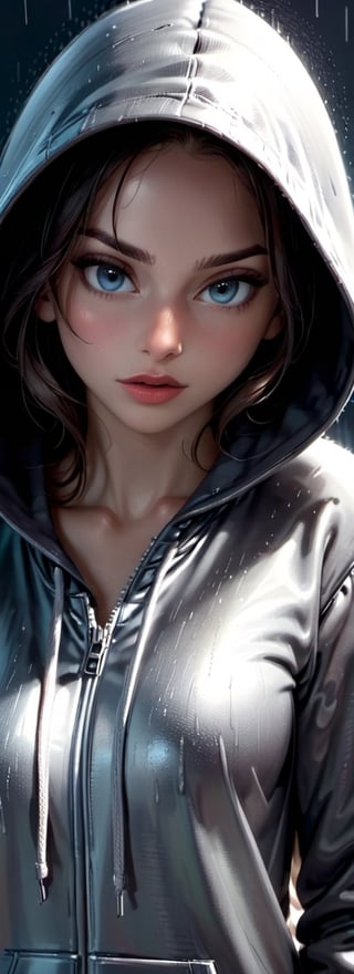 A girl in a hoodie on a rainy night, rim light from moon light, ominous weather and atmosphere, captivating, minimalistic, close up portrait, hoodie casts a shadow over face, mysterious, dark background, sophistication, silhouette, expressive, dynamic pose, ambiance, intrigue and suspense, illustration, digital art, hyperrealism