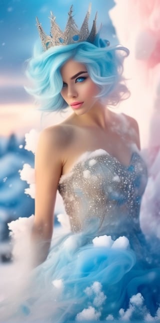 disturbingly whimsical portrait of a beautiful Winter princess with blue hair and blue eyes in a dress made of ice dissolving in white smoke, snow storm, soft morning light, pink-golden sky, white snow