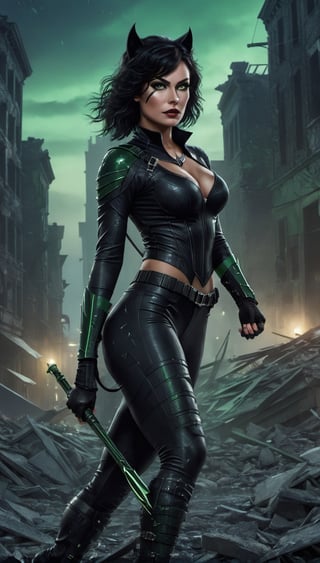 An epic cinematic shot of a 28 year old woman, black hair, green eyes, athletic body, wearing a Catwoman costume and walking confidently through the streets of a nighttime, destroyed city. Her presence stands out among the rubble, exuding sensuality and confidence as she determinedly navigates this post-apocalyptic setting.
