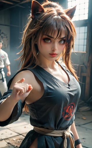 A 1990s anime screencap of a sexy female warrior posing in a karate stance. Half smile. Post-apocalyptic theme. Highly detailed. Cluttered maximalism. Close-up shot. Super wide angle, High angle. Kemonomimi. Soft lighting wraps around her face. Porcelain complexion.
