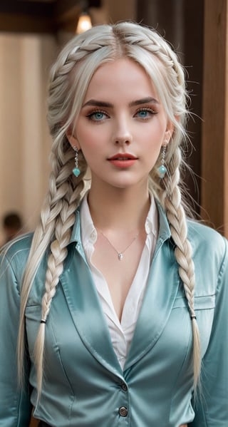 Generate hyper realistic image of a woman with long white hair, twin braids cascading down her shoulders. She gazes at the viewer with aqua eyes, a gentle smile gracing her lips. She wears a jacket and belt, her upper body slightly blurry against the indoor background. Adorned with earrings and a choker, she holds a cup, her head tilted inquisitively. Subtle black makeup and an ear piercing add to her unique charm.
