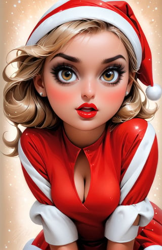 Christmas Pin-up Girl, big gorgeous eyes, in a cute christmas outfit, dynamic pose, modern vintage style, 2d, UHD Pen and Ink drawing, by annestokes, Artgerm, Rolf Armstrong, Ross tran, illustrative, painterly, highly detailed, graphic illustration, comic art, graphic novel art, vibrant, detailed character design, trending on DeviantArt
