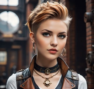 Stunning portrait, rebellious steampunk beauty, shaved undercut blond-auburn pixie-cut, beautiful detailed eyes, perfect detailed face, leather vest, necklane, tight jeans, character portrait, complex, masterpiece, expert, insanely detailed, high resolution, perfect composition, beautifully detailed, complex, trending on artstation
,steampunk style