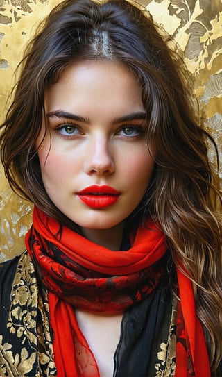 breathtaking portrait of a gorgeous girl, sultry, red scarf, dark gold and black, gossamer fabrics, jagged edges, eye-catching detail, insanely intricate, vibrant light and shadow, beauty, paintings on panel, textured background, captivating, stencil art, style of oil painting, modern ink, watercolor, brush strokes, negative white space