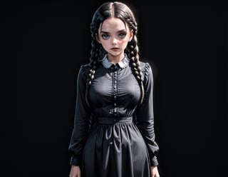 1girl, solo, black lips, black hair, dress, black dress, black nails, black eyes, crossed arms, black background, braid, black theme, looking at viewer, simple background, long sleeves, twin braids, bangs, long hair, dark-skinned female, collared dress, cowboy shot, dark skin, nail polish, Wednesday addams \(character \), character \(theme\),(anime)