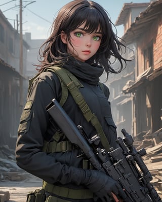 Full body 128k Bluray Extreme UHD 4K high quality image of a young girl in black clothing. Describe her anime style military, holding an M4A2 rifle, dark hair and green eyes, scarlet blobs on her face, legs in bandages, dressed in Bodie, art rendered in breathtaking 4K and UHD resolution using Octane Render CGI technology, all brought to life in a mesmerizing 16K masterpiece,mesmerizing aura,high detail,anime fantasy illustration,beautiful fantasy portrait,beautiful anime woman,Korean artist,artgerm colorful!!!!!!!, stunning anime face portrait, 4K,UHD,Ultra HD 4K image, green eyes, mesmerizing extremely, ethereal light, intricate details, extremely detailed, incredibly detailed
