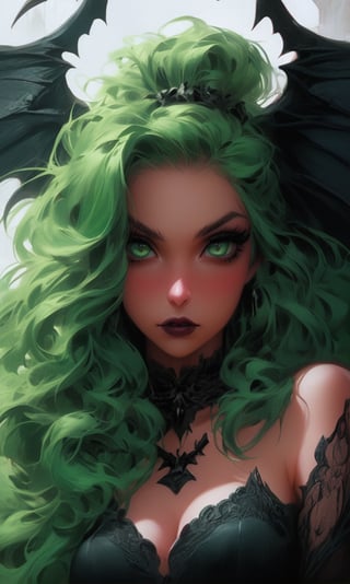 (best quality, masterpiece, colorful, dynamic angle, highest detailed)upper body photo, fashion photography of cute succubus girl, gothic, large demon red wings (high resolution textures), long green hair, (abstract art), half demon, crimson cat iris, cat eyes, vampire very long fangs, (intricate details, hyperdetailed:1.15), detailed, moonlight passing through hair, (official art, extreme detailed, highest detailed), real