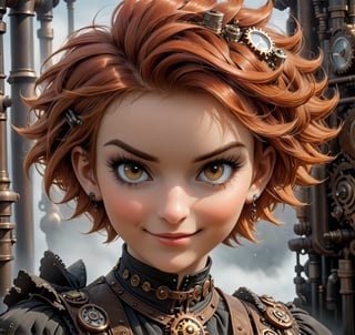 Steampunk redhead girl, hair styled in very short haircut, beautiful face, soft smile, steampunk style, trending on artstation, sharp focus, studio photo, intricate details, highly detailed
,