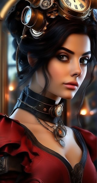 (((masterpiece, 8k, ultra-detailed, best quality, best quality, photo realistic))), ((illustration, steampunk)), (looking away), 1girl, black hair, medium hair, bun hair, red eyes, red dress, goggles on head, workshop, inventions everywhere, candle lit, time machine
