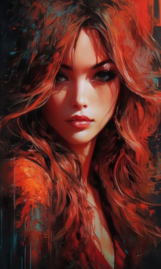 Ultra realistic poster featuring Nami from One Piece enveloped by a red matrix backdrop, inspired by the artistic styles of Daniel Castan, Carne Griffiths, Andreas Lie, Russ Mills, and Leonid Afremov, set against a dark background, infused with a cinematic quality, high detail, digital painting.