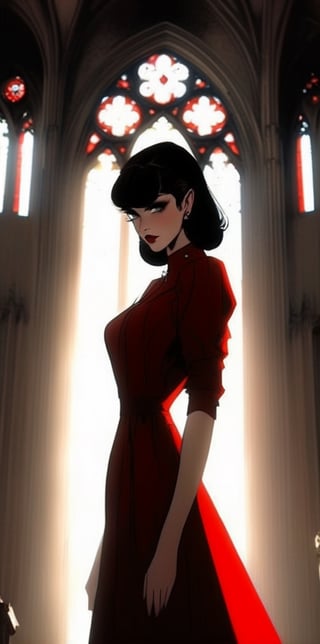 cinematic detailed illustrations of a vampiric girl in a cathedral background 1980s anime in the style of victoria goth, realist detail, pulp comics, dark red