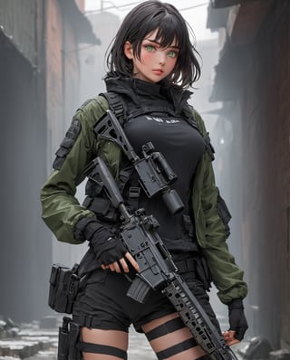 Full body 128k Bluray Extreme UHD 4K high quality image of a young girl in black clothing. Describe her anime style military, holding an M4A2 rifle, dark hair and green eyes, scarlet blobs on her face, legs in bandages, dressed in Bodie, art rendered in breathtaking 4K and UHD resolution using Octane Render CGI technology, all brought to life in a mesmerizing 16K masterpiece,mesmerizing aura,high detail,anime fantasy illustration,beautiful fantasy portrait,beautiful anime woman,Korean artist,artgerm colorful!!!!!!!, stunning anime face portrait, 4K,UHD,Ultra HD 4K image, green eyes, mesmerizing extremely, ethereal light, intricate details, extremely detailed, incredibly detailed
