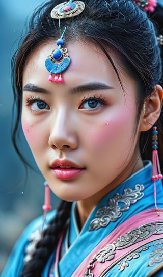 The female warrior of ancient China had an Asian, beautiful skin, sparkling and inspiring eyes, Image colors have pink and blue tones, cinematic professional film 