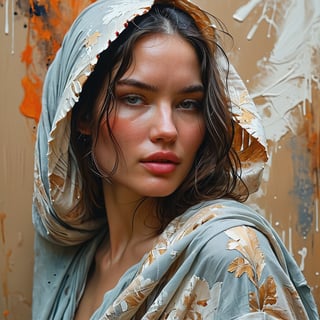 photo of a gorgeous young woman in the style of Guy Denning, draped in flowing fabric, warm impasto brush strokes, realistic, sharp focus, 8k high definition, insanely detailed, intricate, elegant, art by Tim Okamura and Jeremy Mann