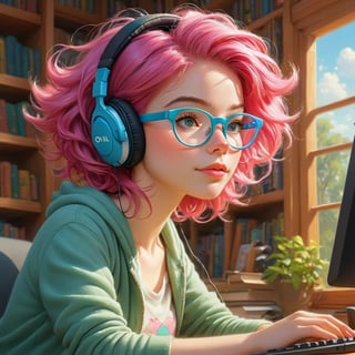 Make an oil painting of adorable female streamer sitting at her computer with her eyes closed, wearing headphones, has pink hair, librarian style glasses by James Christensen, awwChang, CGSociety, Illumination, Pixar, super crisp high fidelity, sunny day background