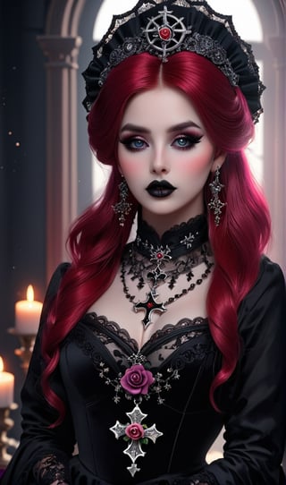 HighestQuali,tmasterpiece：1.2,Detailed details,1 Gothic girl,Black victorian dress,Gorgeous headdress,Bust,Rose flower,crosses,silver ornaments 、redheadwear、colorful hair with victorian updo hairstyle 、paleskin、Black lipstick and eye shadow,Accessories include the Cross Medal,Pentagram,crosses,cloaks,shawl,Sexy,chies,a lit candle, full body image, upper body detailed