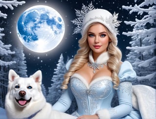 Beautiful, snowwoman, hat, beautiful eyes, coloring, in the snowy forest, MMA sleigh with dogs, frost flowers, old winter boots, unique, clear moon, magical lights, glowing, intricate details, digital painting, digital art, 8k

