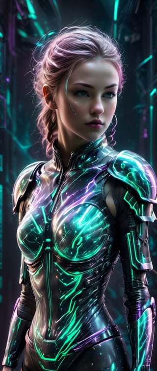 cybertronic girl with slim cyber armour on with sharp shoulder blades. she is wearing a cyber helmet that shows her cute face. she has glowing cyan strobes around her. magnstyle,more detail ,cyberpunk style
