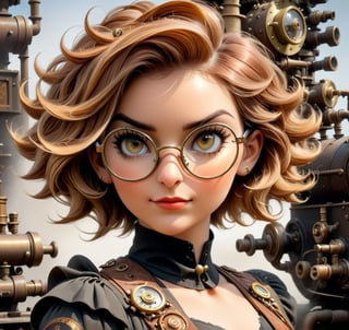 Steampunk lady: (((glasses in hair))), brass goggles, auburn waves; elegance entwined with machinery. Short hair, beautiful face, steampunk style, trending on artstation, sharp focus, studio photo, intricate details, highly detailed
,3d toon style