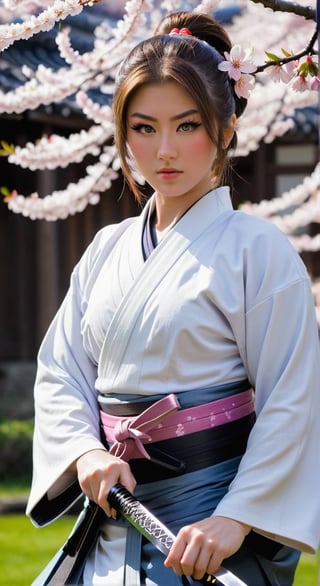 Beautiful Girl Katana Sword Photography: Ko Gasumi Stance with cherry blossoms in the background