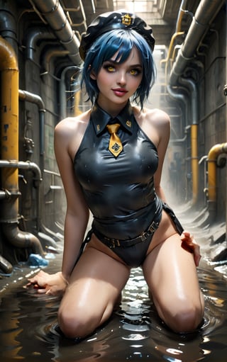 Realistic and scary image with disgusting elements, rendered in ultra-high resolution with graphic details. | sexy woman, is in a dirty and filthy sewer. She is completely naked and sweaty, with her bare feet on the floor, wearing only accessories such as a black tie, a blue cap with the school symbol, and a black backpack. His short blue hair is in a mohawk cut, with shaved sides and a straight, messy top. Her yellow eyes are looking at the viewer, and she smiles to show her teeth. | The scene takes place in a filthy sewer, with concrete structures, pipes and machines scattered throughout the environment. The image highlights  imposing figure amidst the dirty sewer, with concrete structures, pipes and machines as prominent elements in the scene. Colors and lighting are used to create a tense and frightening atmosphere, with dark tones and shadows to highlight the details of the scene. Elements of horror and disgust are mixed to create a feeling of discomfort and fear. Dramatic lighting effects with shades of green and black highlight the contrasts between light and shadow, increasing the intensity of the scene and creating an atmosphere of terror. Styles: Realistic, Scary, Disgusting, Horror. | (((((The photo captures her  striking a sensual_pose, leaning enticingly on a structure within the scene. She assumes a relaxed_pose as she interacts, leaning on the structure in the scene, reclining sensually to add an extra allure to the image))))). | ((perfect_body)), ((perfect_pose)), ((full-body_shot)), ((perfect_fingers, better_hands, perfect_hands)), ((perfect_legs, perfect_feet)), ((huge_breast)), ((perfect_design)), ((perfect_composition)), ((very detailed scene, very detailed background, perfect_layout, correct_imperfections)), ((More Detail, Enhance))
