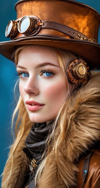 A photorealistic headshot of a young woman with superpale skin, her head adorned with a large, luxurious brown fur hat modified with intricate brass gears and goggles perched atop. Her matching fur arm warmers are accented with copper rivets and buckles. Her piercing blue eyes stare confidently from beneath her hat. The background is a warm, textured copper. * **Emphasis:** Integrate steampunk elements into the hat and arm warmers. Choose a textured background like copper or aged wood.
