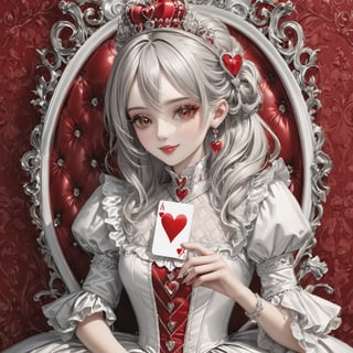 3d, uhd, digital art. white porcelain, red queen of hearts with a smiling flirty expression & white Victorian rococo styled hair, decorated with white diamonds and red hearts like the playing card, exquisitely decorated, with attention to delicate fine details. elegant queen of hearts wallpaper, porcelain white, chrome/silver/filigree and red Resin with red accents, silver highlights ,photo r3al