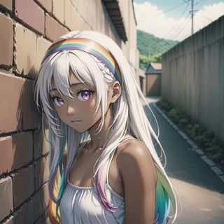 Girl with long wavy white hair, rainbow
eyes, brown skin, rainbow headband
on head, looking at a wall, anime-style
emotive
landscapes, shot with Fujicolor C200
film colors 35mm, Award-
winning professional shot,MikieHara