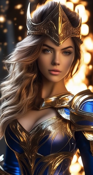 best quality, ultra high res, (photorealistic), realistic, intricate high detail, outdoor lighting, detailed, dramatic, vibrant, 8k hdr, dslr, lux, luxanna crownguard, league of legends, cowboy shot, looking at viewer, 1girl, solo, blonde hair, blue eyes, blue pants, blue bodysuit, bodysuit, impossible bodysuit, brown hairband, hairband, long hair, long sleeves, sapphire, standing, breastplate, pauldrons, armor, gold trim, shoulder armor , gigantic breasts
